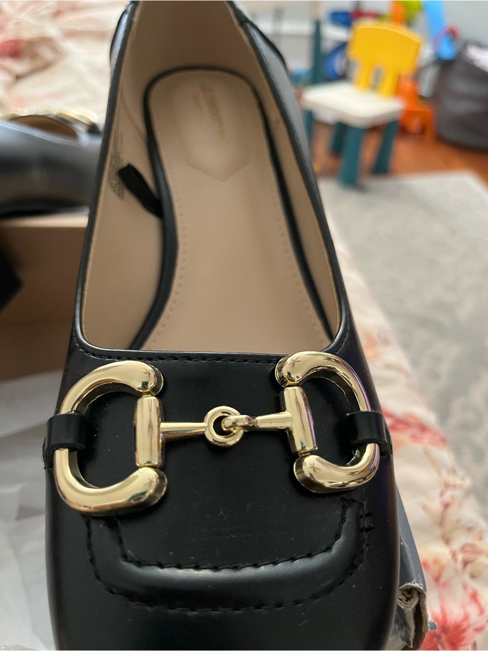 Liz Claiborne Black Leather Loafer with Gold Bit Detail